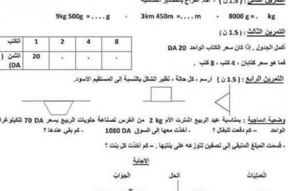 نماذج اختبارات السنة الثالثة ابتدائي 2019 الفصل الثاني