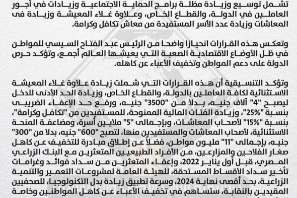 التنسيقية تثمن قرارات الرئيس عبد الفتاح السيسي: انحياز واضح للمواطنين