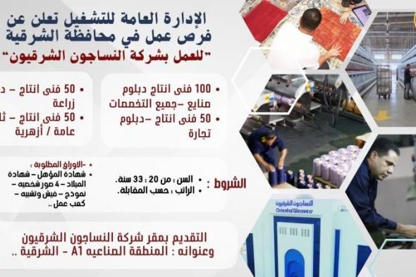 وزارة العمل : 250 فرصة عمل لشباب الشرقية للعمل بشركة النساجون الشرقيون